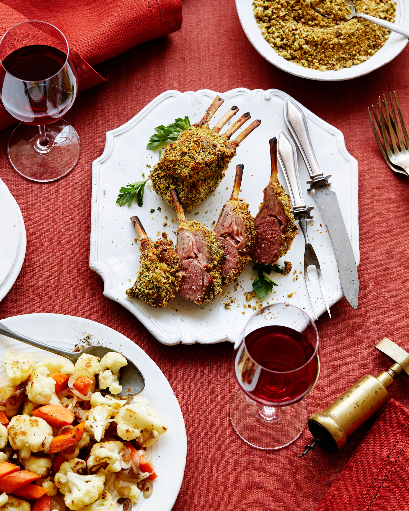 Herb and Pistachio Crusted Rack of Lamb with Caramelized Cauliflower, Shallots and Carrots