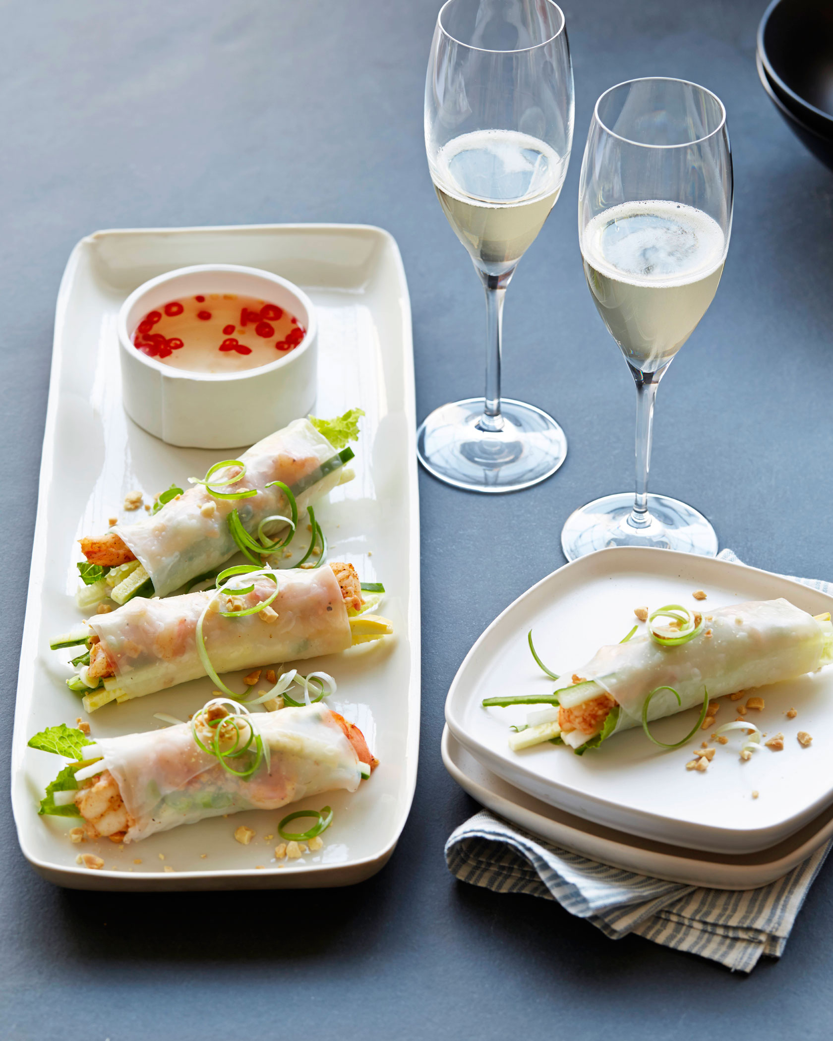 Rice Paper Rolls filled with Pepper Dusted Prawns and Matchstick Vegetables with a Sweet Chile Sauce