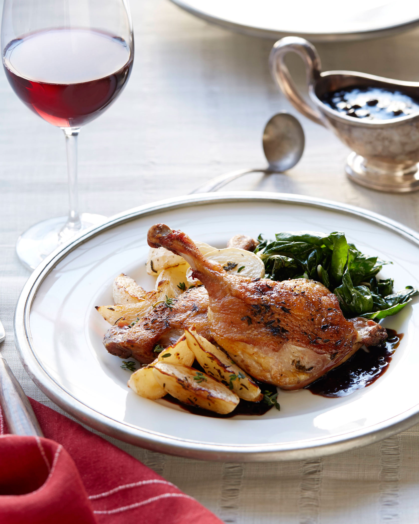 Roasted Duck Leg with Black Currant Sauce and Roasted Turnips