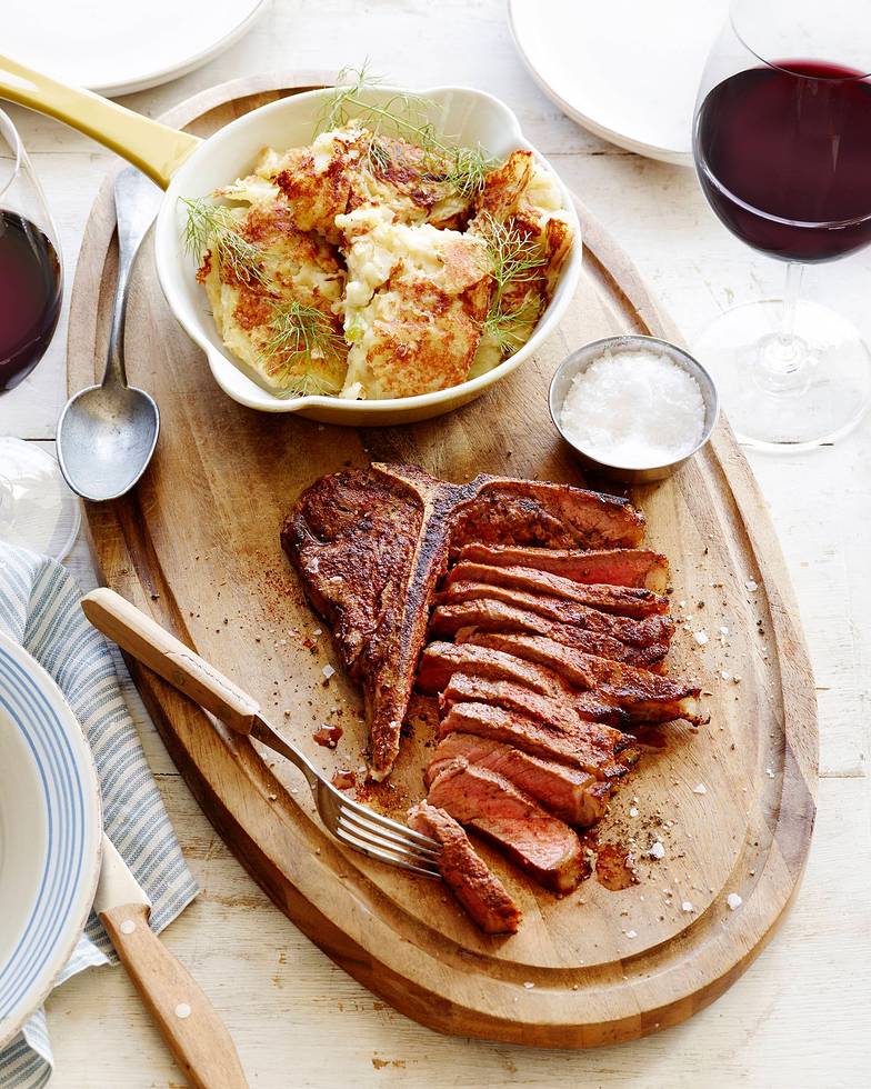 Spice-Rubbed T-Bone Steak with Pan-Fried Fennel Mashed Potatoes