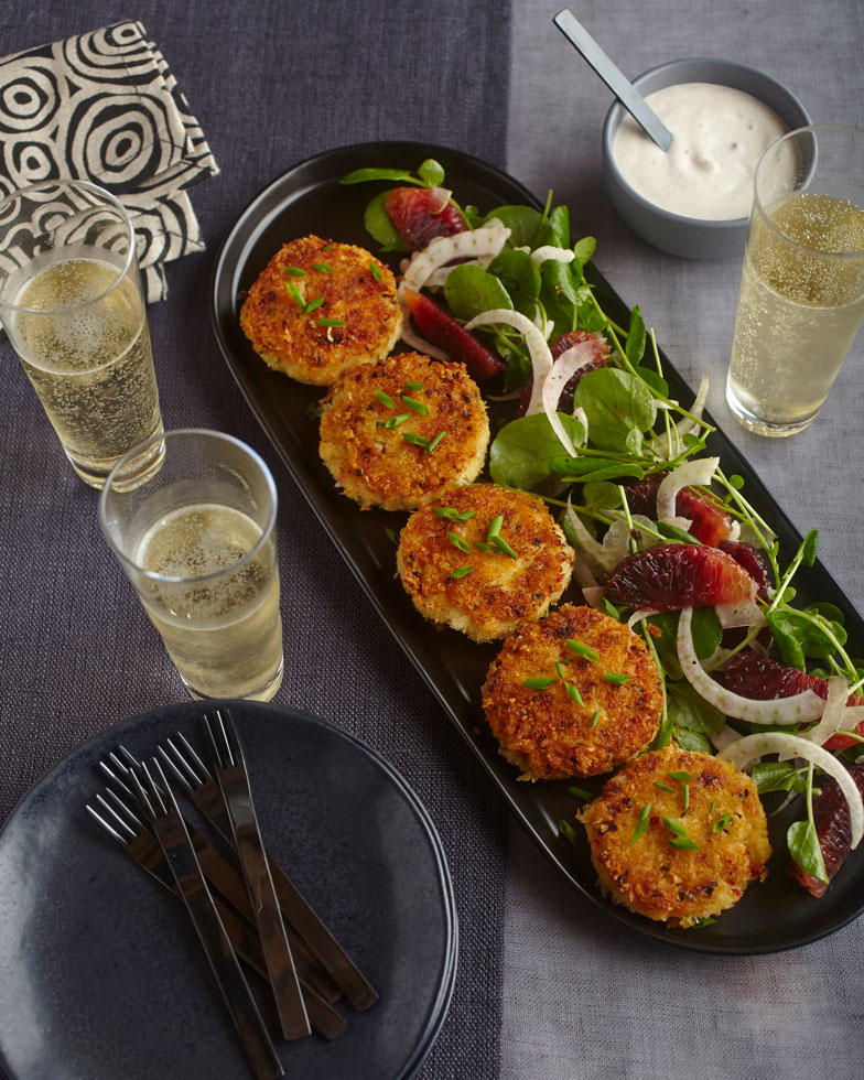 Crab Cakes with Fennel, Watercress, and Blood Orange-Chive Aioli