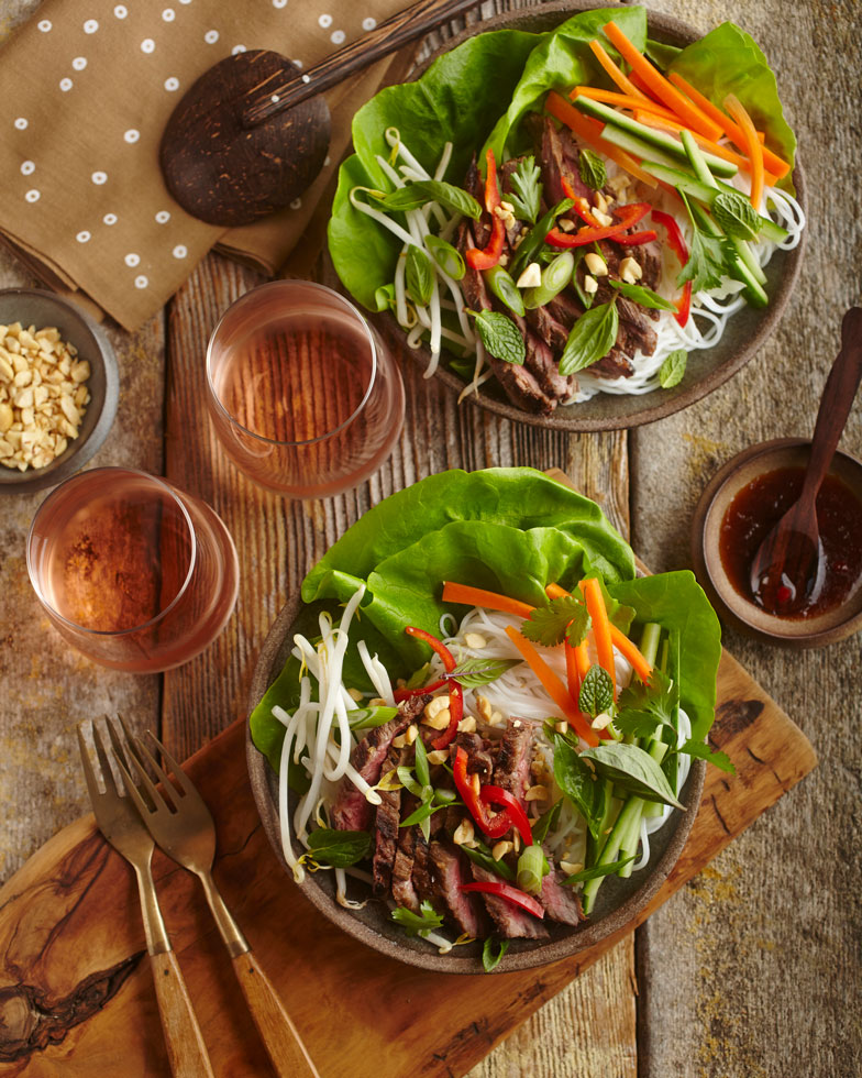 Grilled Skirt Steak Salad with Rice Vermicelli Noodles, Carrots, Cucumber, Peanuts and Chili-Lime Dressing