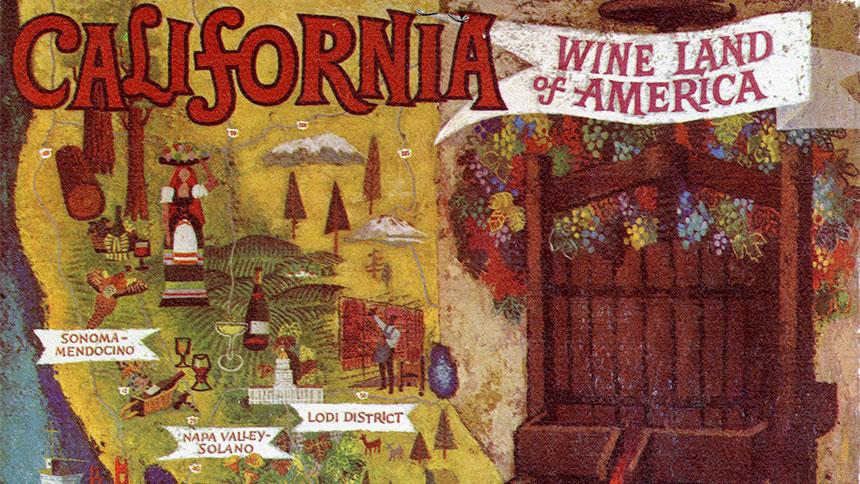 The poster "California: Wine Land of America," by Mexican-American artist Amado Gonzalez, depicts California wine regions and was part of a series used to promote California wines, circa 1965.