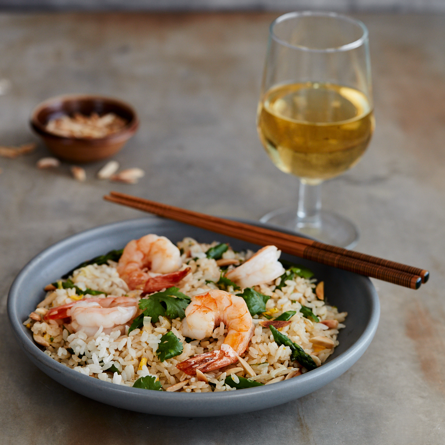 Shrimp Fried Rice with Asparagus, Leeks, and Almonds