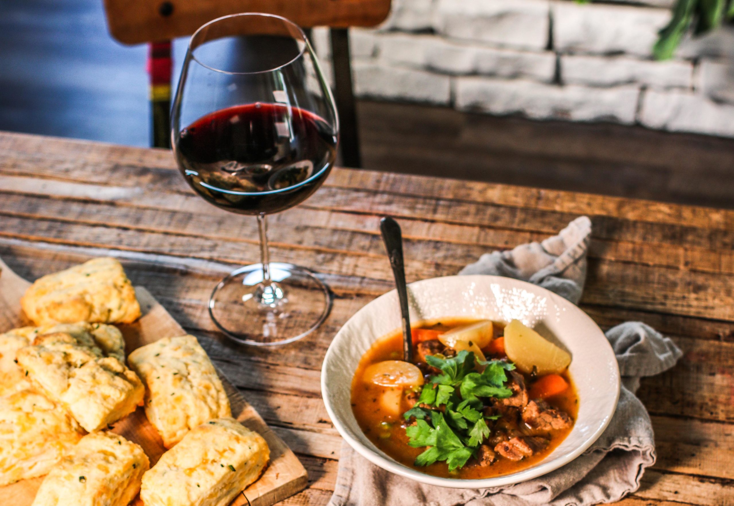 beef stew and cheddar scones