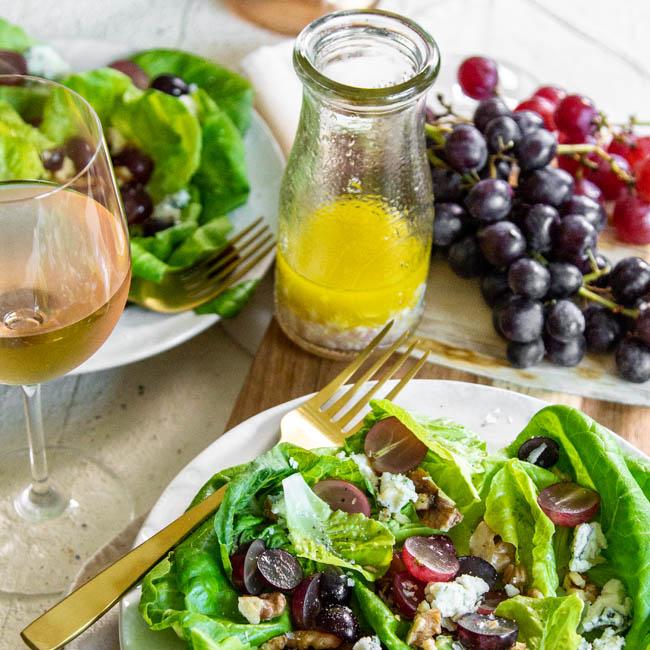 Little Gem Salad with Red Grapes, Blue Cheese and Walnuts