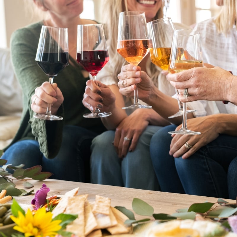 four ladies seated by a coffee table holding wines glasses up to cheers