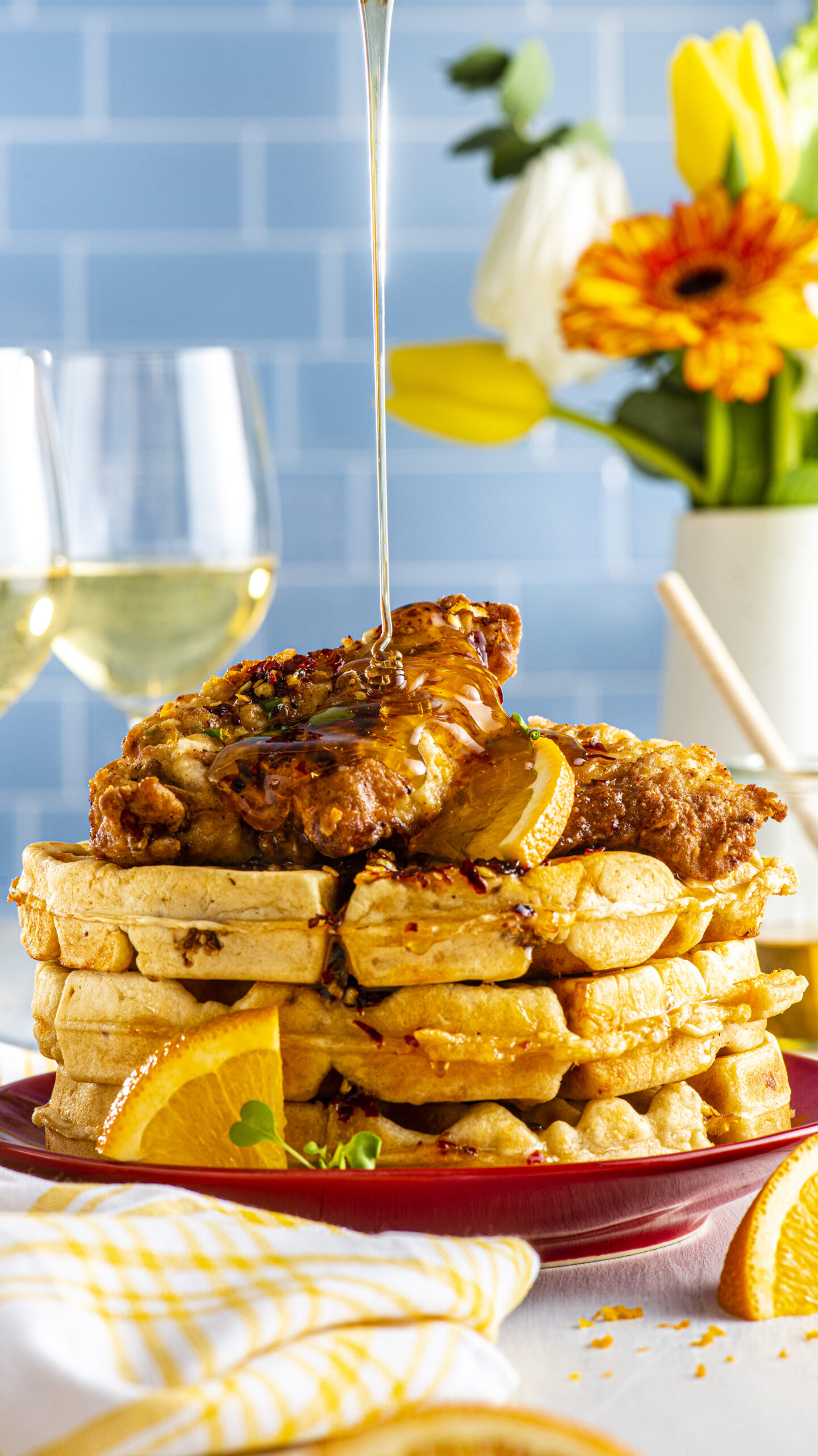 Chicken and Waffles with Spicy Honey Sauce
