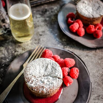 chocolate cake with red wine sauce