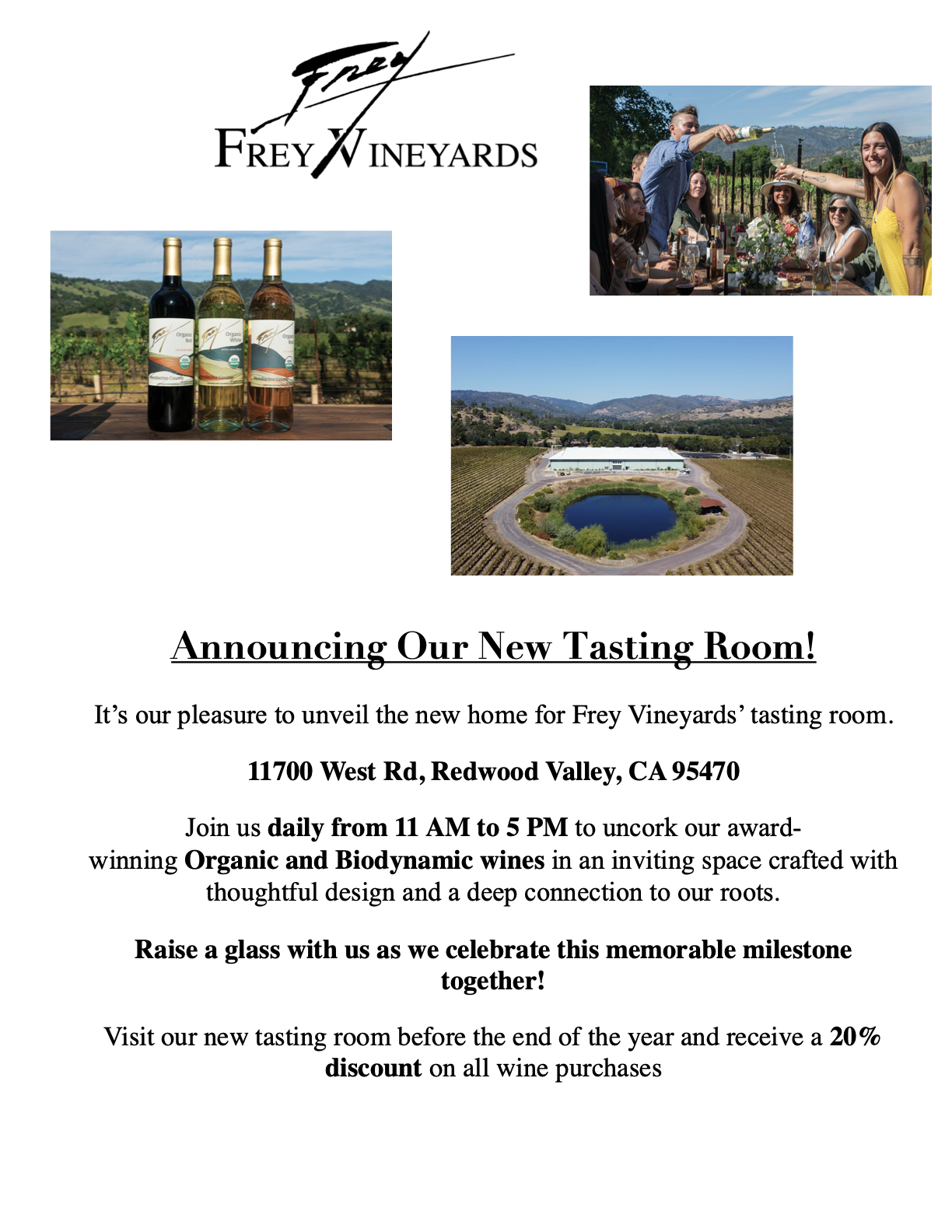 Frey Vineyards’ Tasting Room Now Open